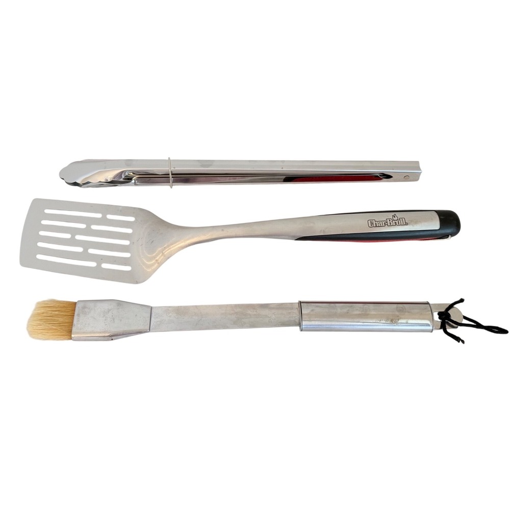 Char-Broil Grill Tool Set Adult Silver Red Stainless Spatula Tongs Brush